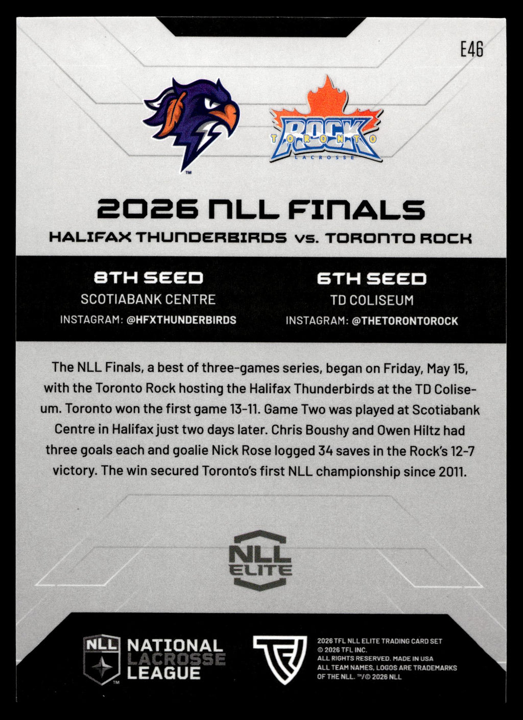 NLL Finals 2026 TFL NLL Elite Halifax & Toronto Color Match #E46