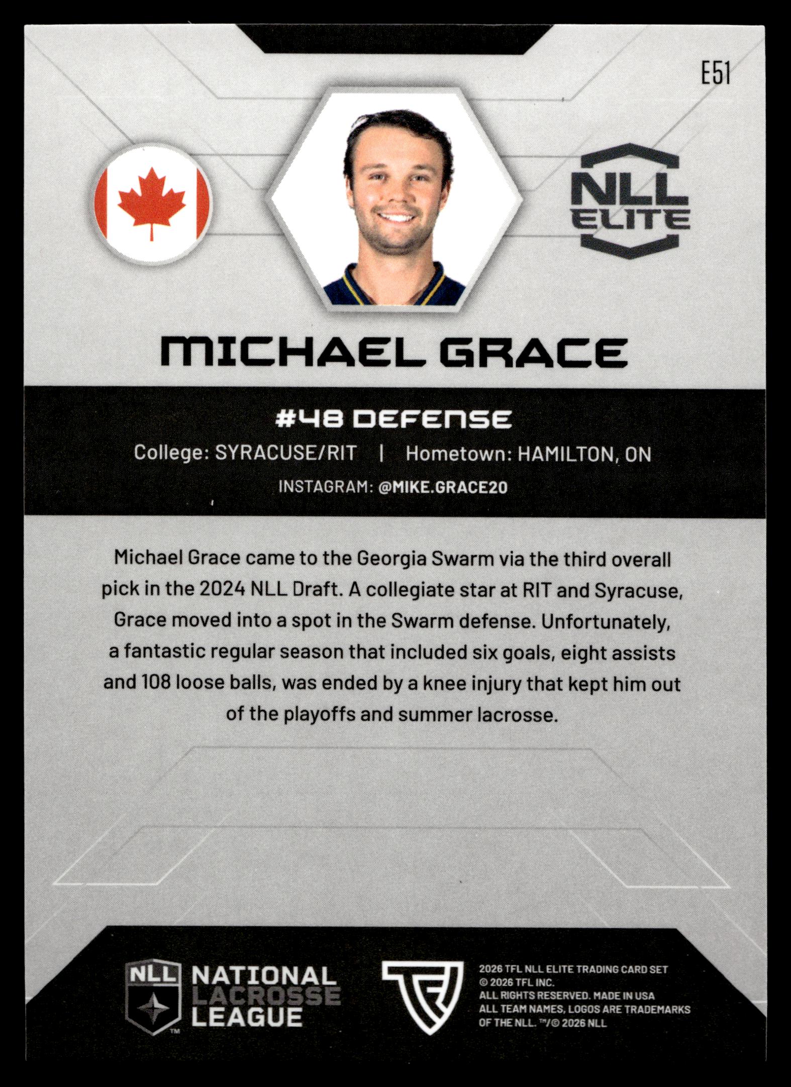 Michael Grace 2026 TFL NLL Elite Georgia Swarm Color Match #E51