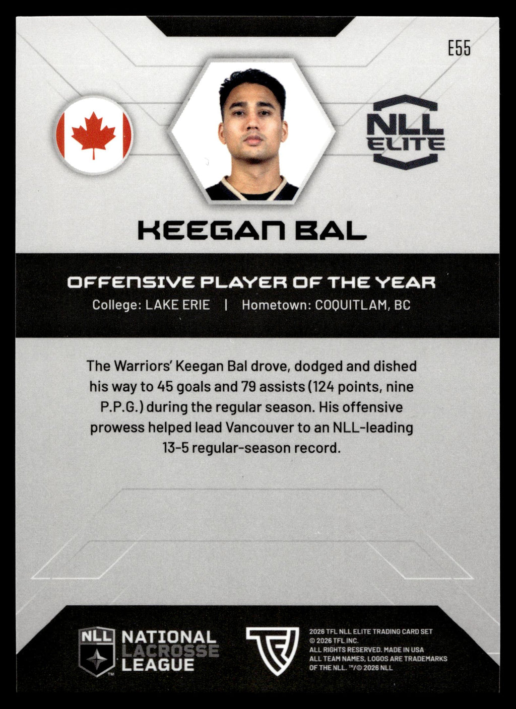 Keegan Bal 2026 TFL NLL Elite Vancouver Warriors Color Match #E55