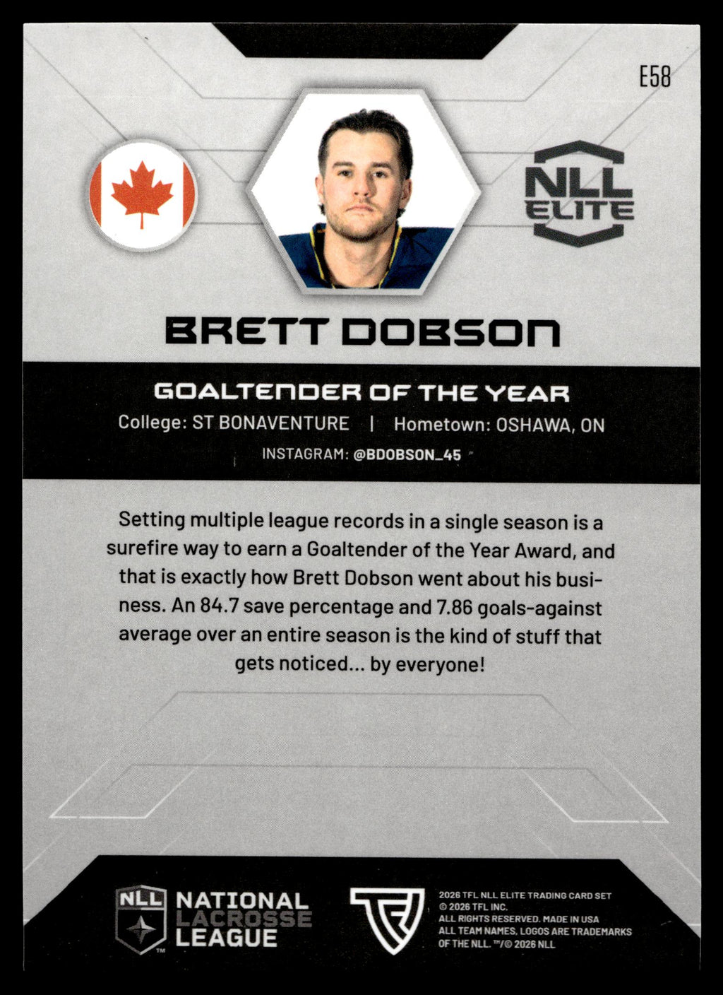 Brett Dobson 2026 TFL NLL Elite Georgia Swarm Color Match #E58