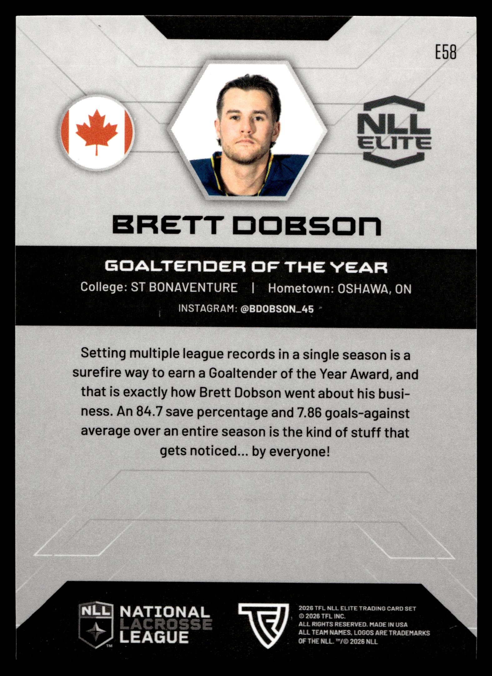 Brett Dobson 2026 TFL NLL Elite Georgia Swarm Color Match #E58