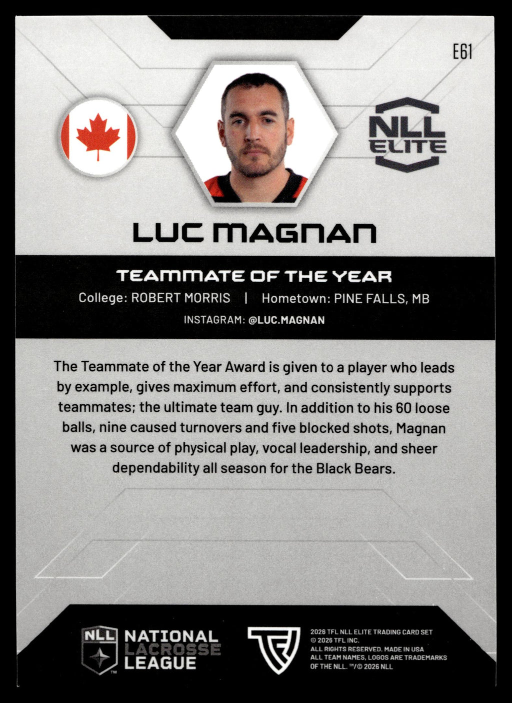 Luc Magnan 2026 TFL NLL Elite Oshawa Black Bears Color Match #E61