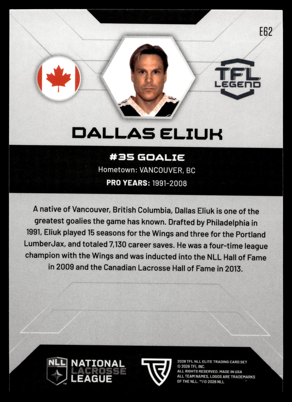 Dallas Eliuk 2026 TFL NLL Elite Philadelphia Wings Color Match #E62