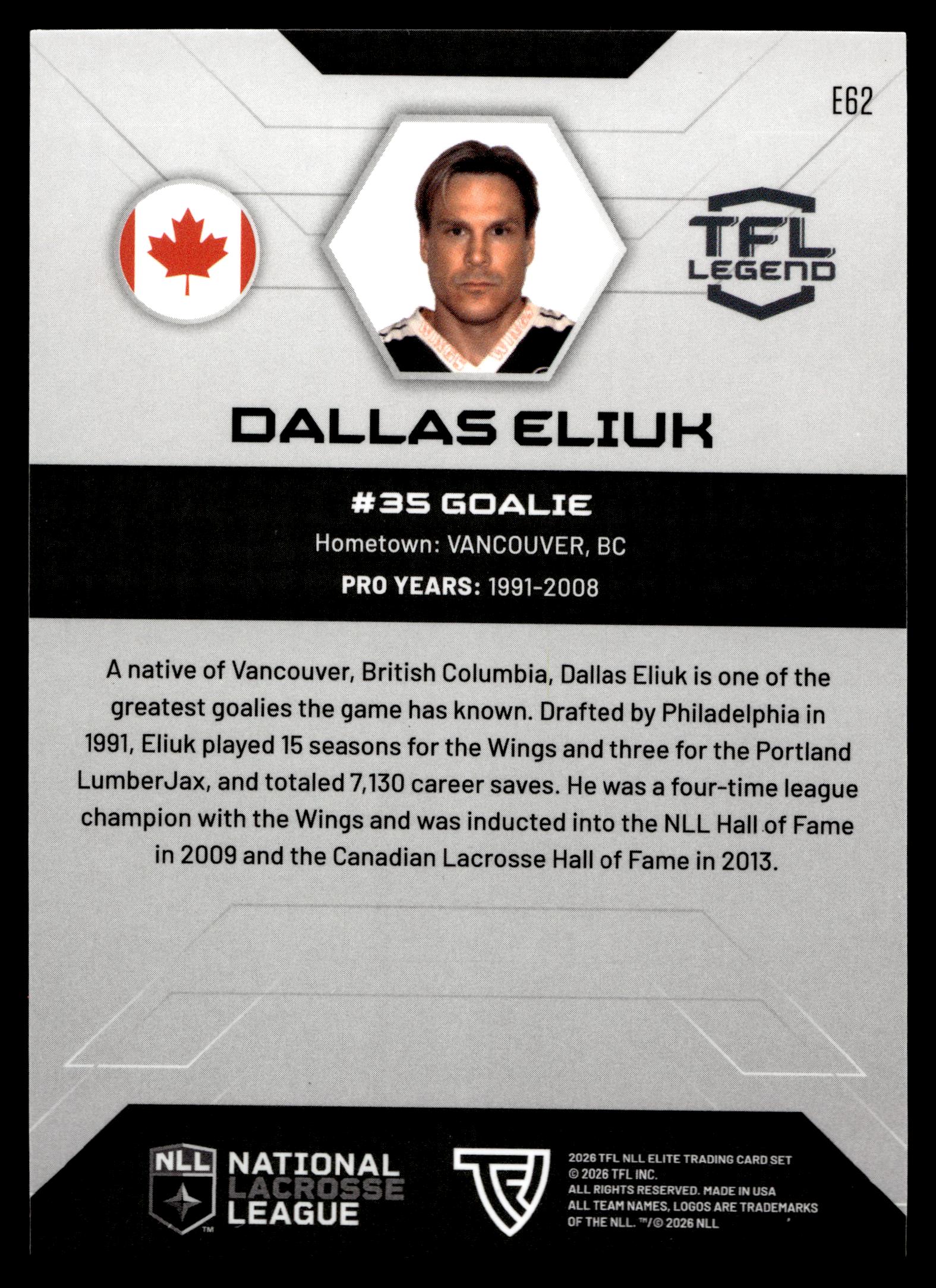 Dallas Eliuk 2026 TFL NLL Elite Philadelphia Wings Color Match #E62