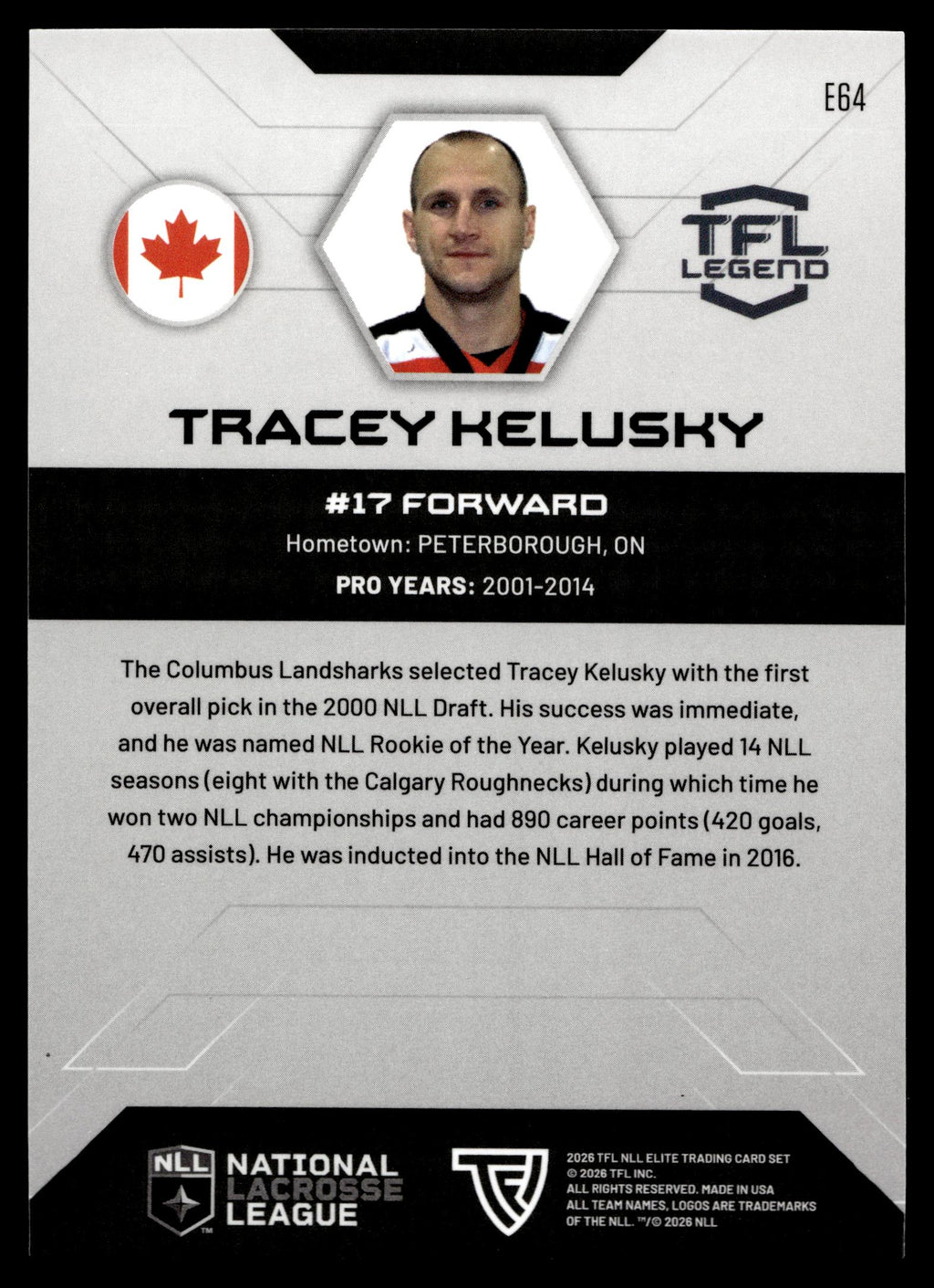Tracey Kelusky 2026 TFL NLL Elite Calgary Roughnecks Color Match #E64