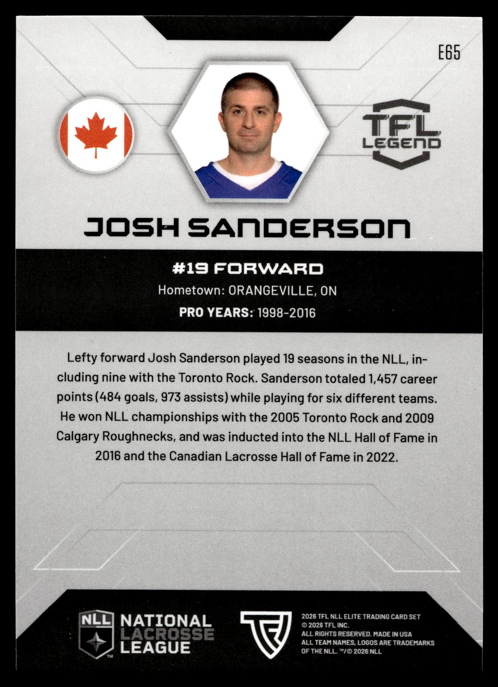 Josh Sanderson 2026 TFL NLL Elite Toronto Rock Color Match #E65