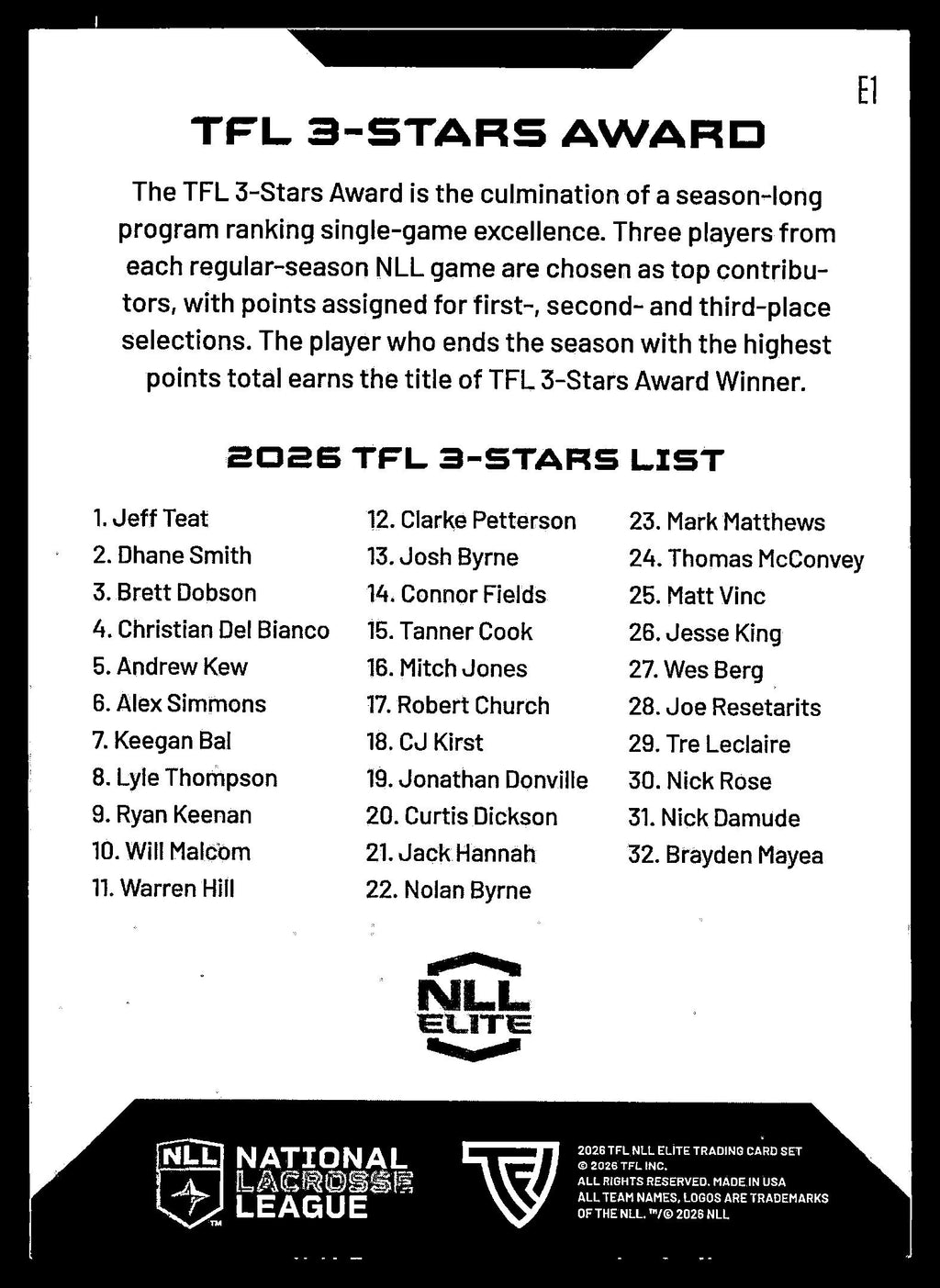 TFL 3-Stars Award 2026 TFLNLL Elite Ottawa Black Bears Base Card #E1
