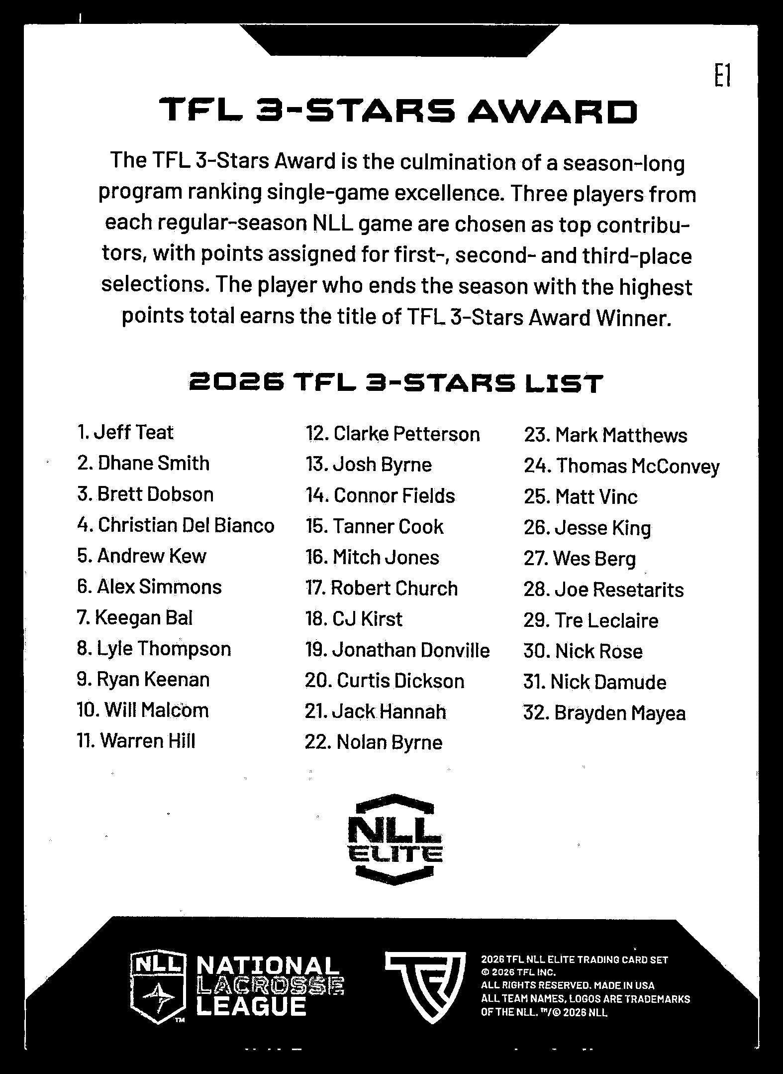 TFL 3-Stars Award 2026 TFLNLL Elite Ottawa Black Bears Base Card #E1