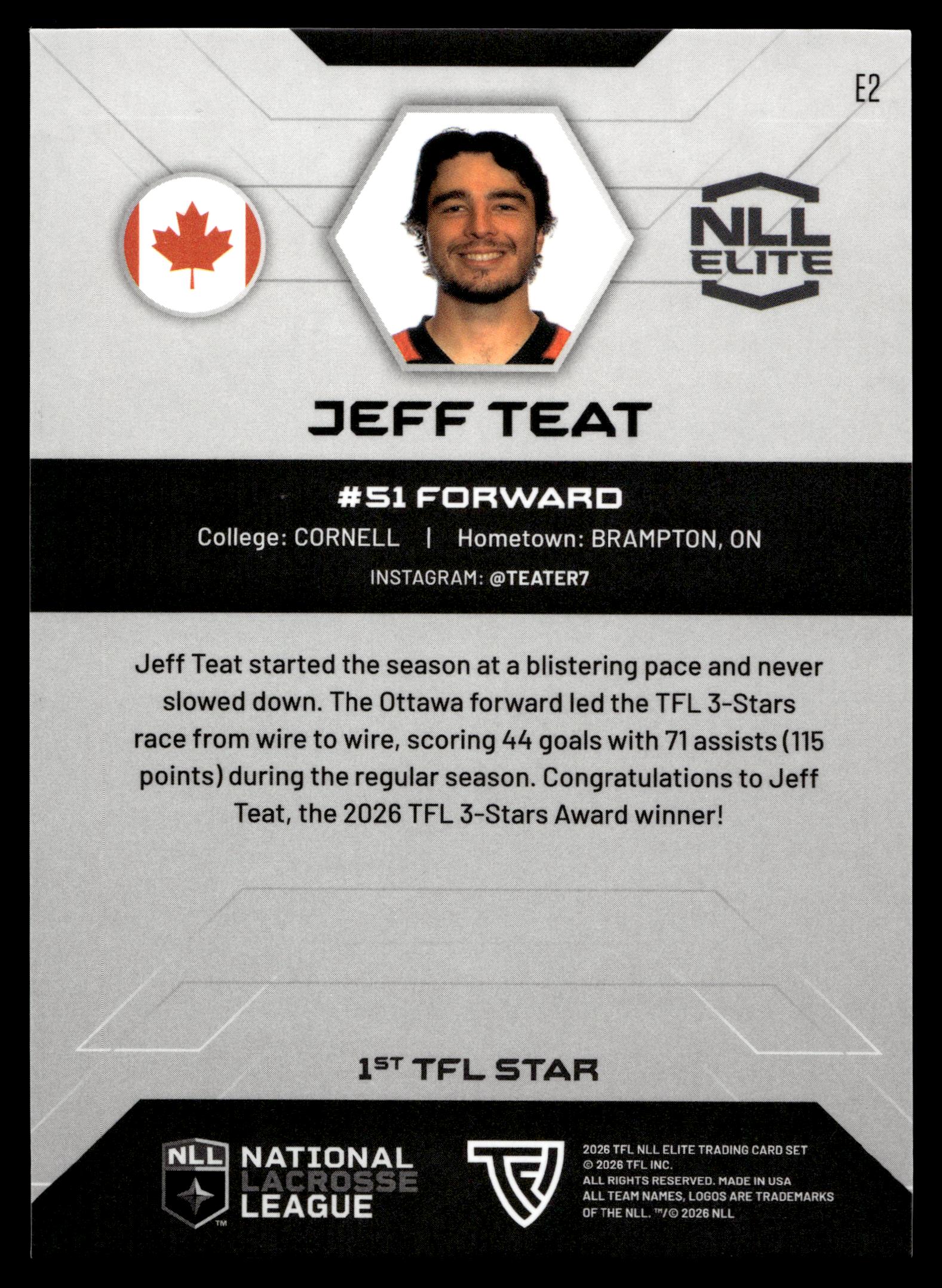 Jeff Teat 2026 TFLNLL Elite Ottawa Black Bears Base Card #E2