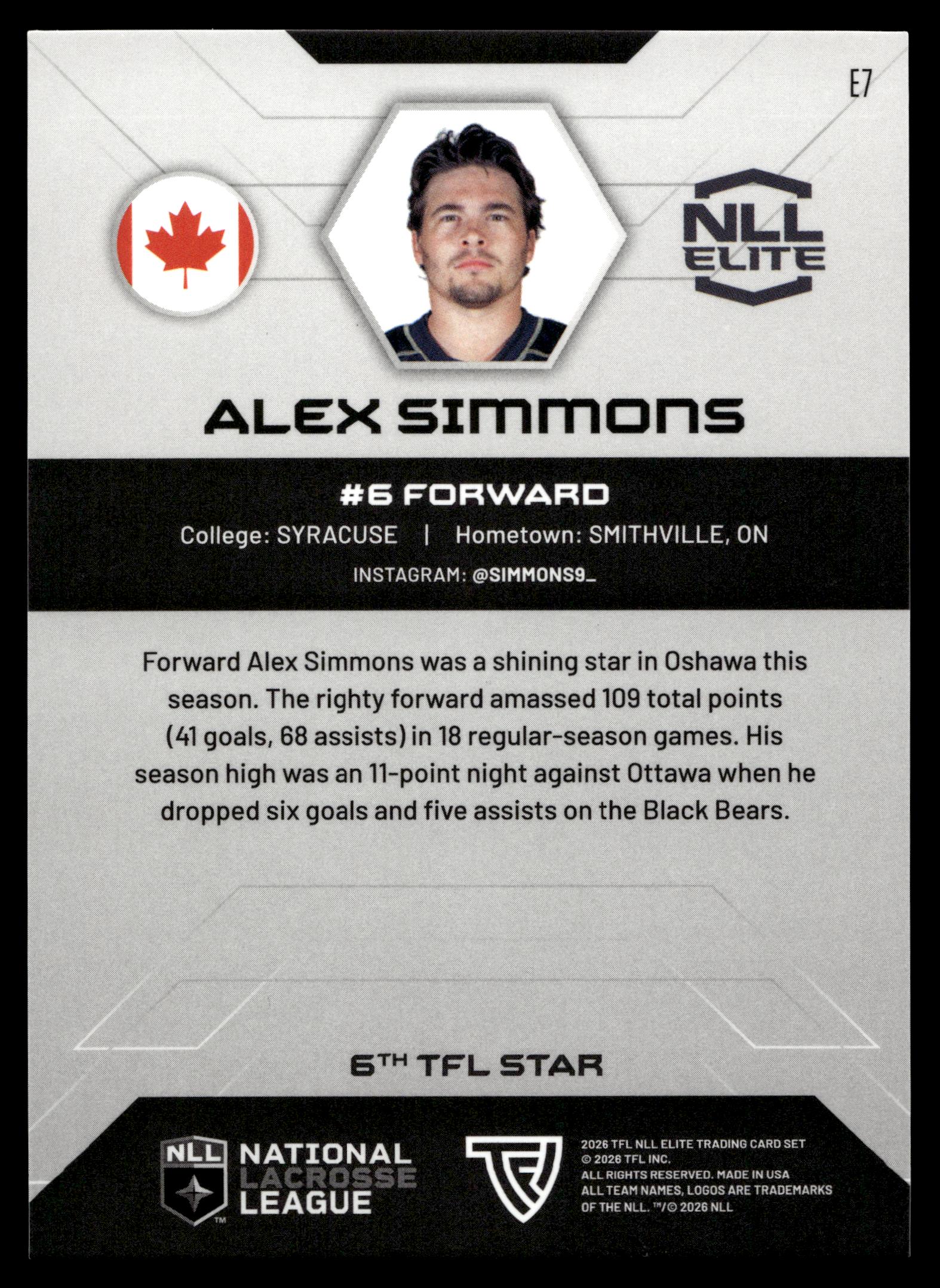 Alex Simmons 2026 TFLNLL Elite Oshawa Firewolves Base Card #E7