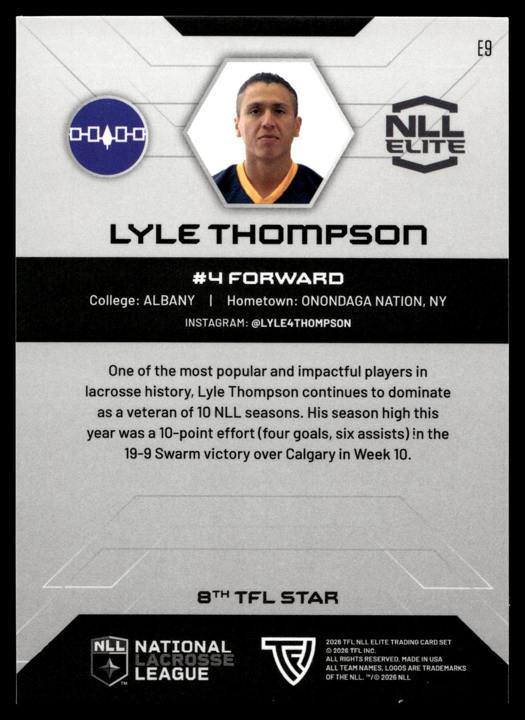 Lyle Thompson 2026 TFLNLL Elite Georgia Swarm Base Card #E9