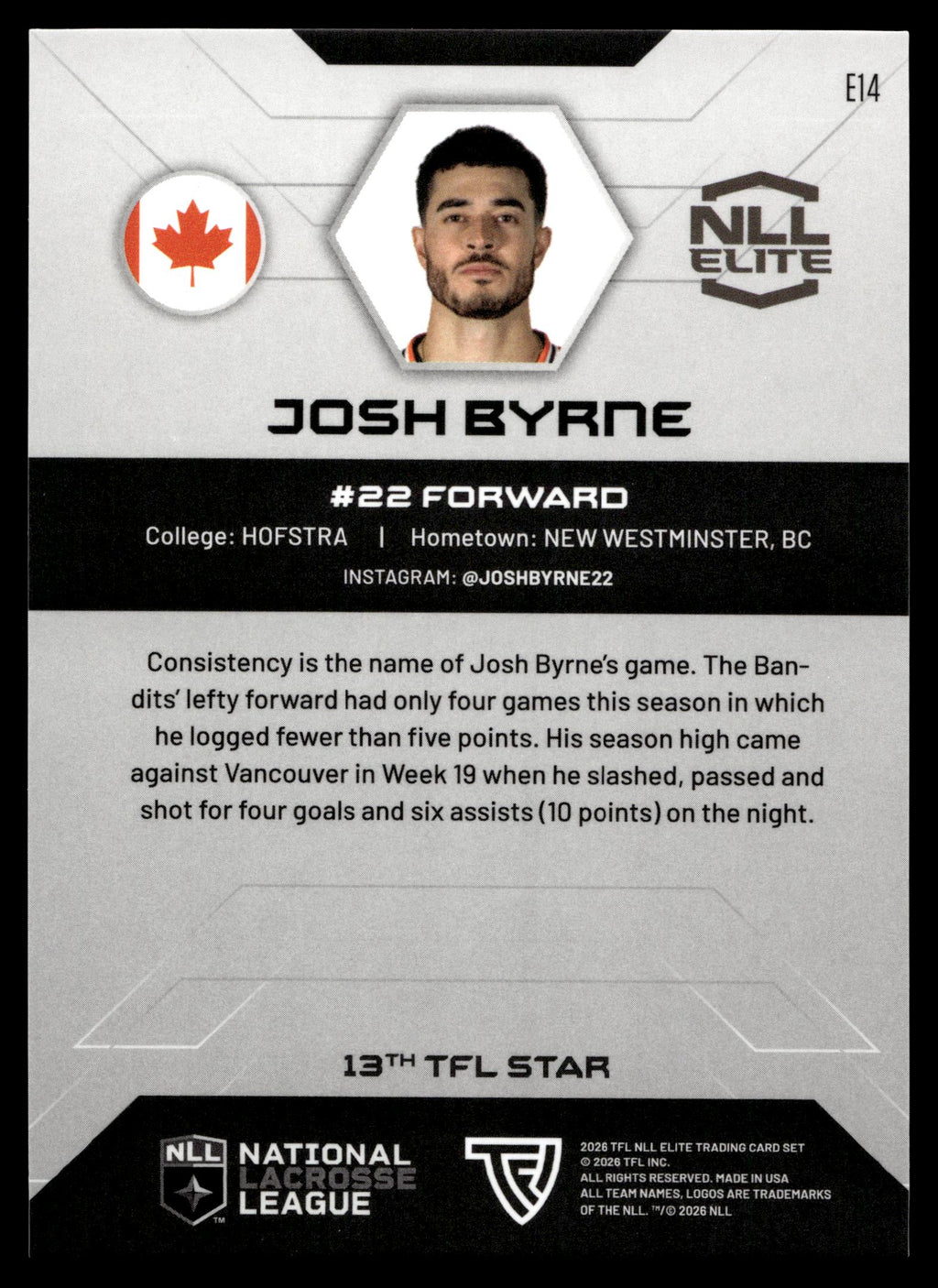 Josh Byrne 2026 TFLNLL Elite Buffalo Bandits Base Card #E14
