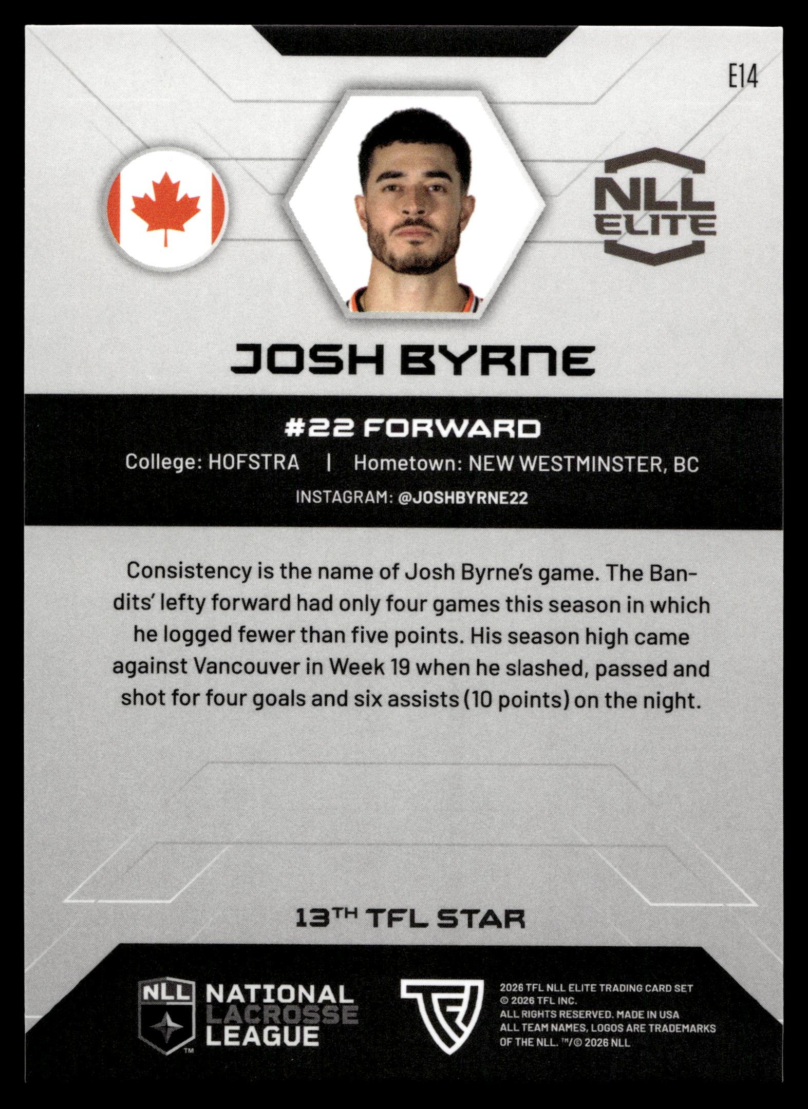 Josh Byrne 2026 TFLNLL Elite Buffalo Bandits Base Card #E14