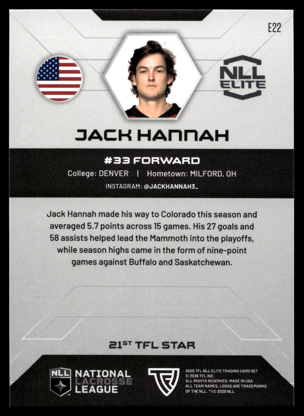Jack Hannah 2026 TFLNLL Elite Colorado Mammoth Base Card #E22