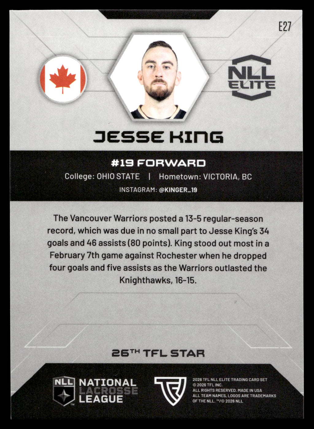 Jesse King 2026 TFLNLL Elite Vancouver Warriors Base Card #E27