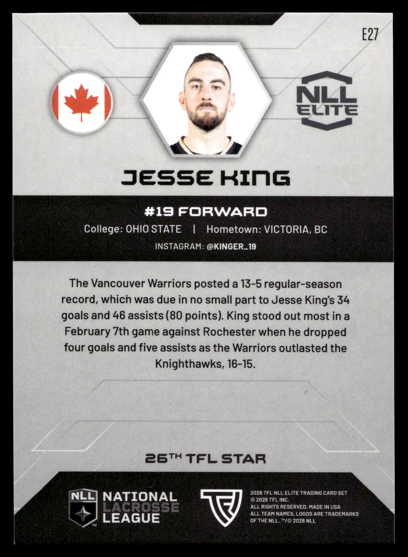 Jesse King 2026 TFLNLL Elite Vancouver Warriors Base Card #E27