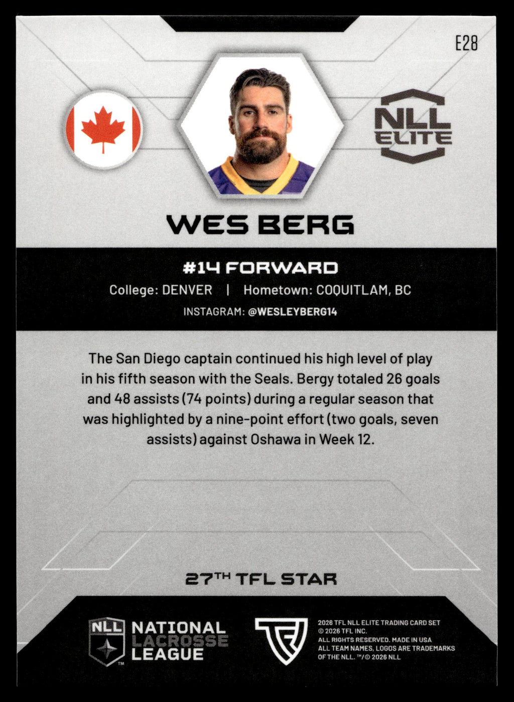 Wes Berg 2026 TFLNLL Elite San Diego Seals Base Card #E28