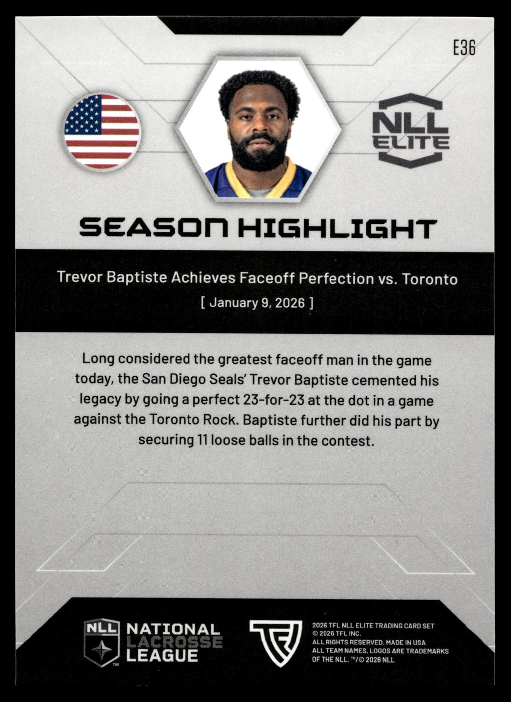 Trevor Baptiste 2026 TFLNLL Elite San Diego Seals Base Card #E36