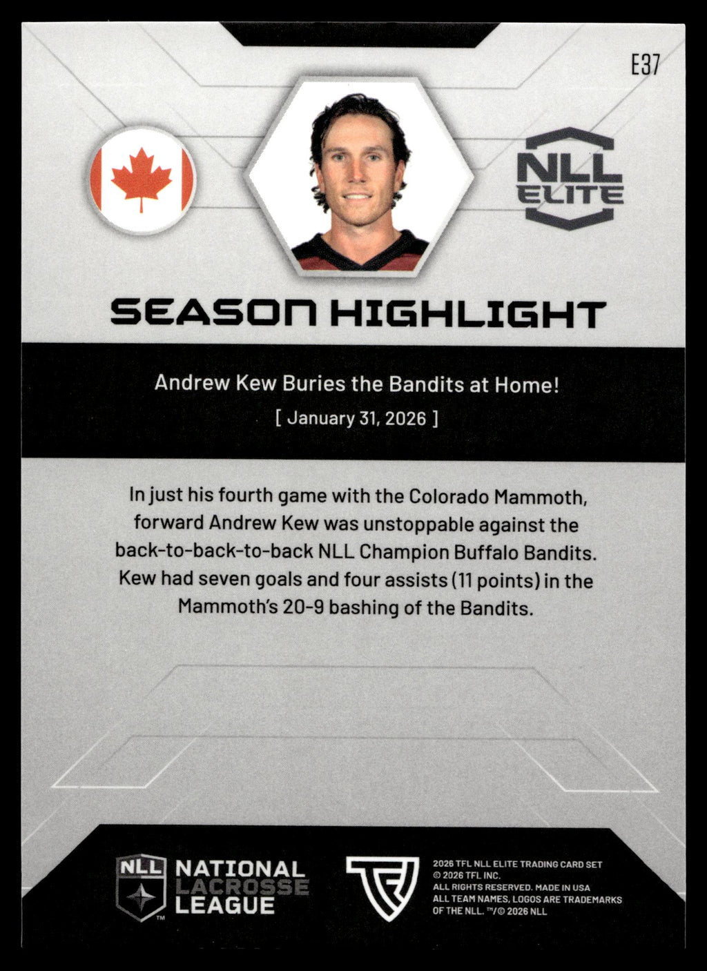 Andrew Kew 2026 TFLNLL Elite Colorado Mammoth Base Card #E37