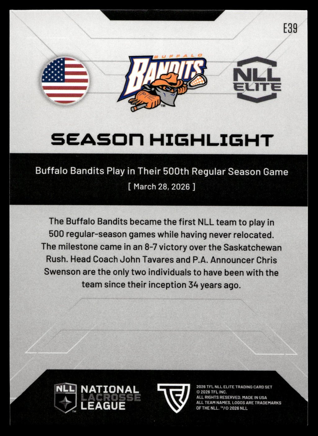 500th Regular Seasom Game 2026 TFLNLL Elite Buffalo Bandits Base Card #E39