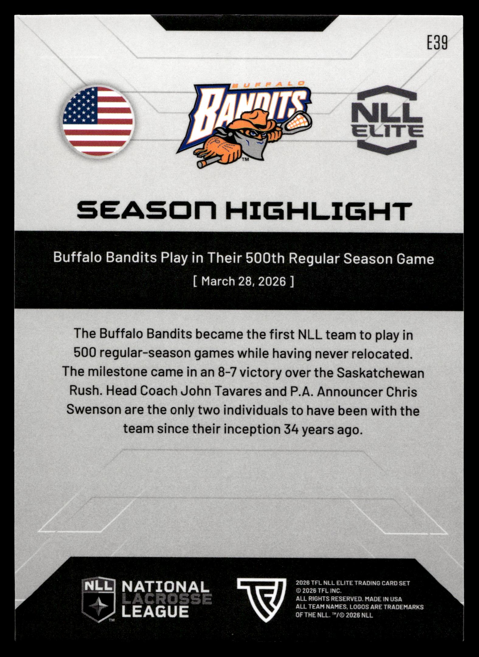500th Regular Seasom Game 2026 TFLNLL Elite Buffalo Bandits Base Card #E39