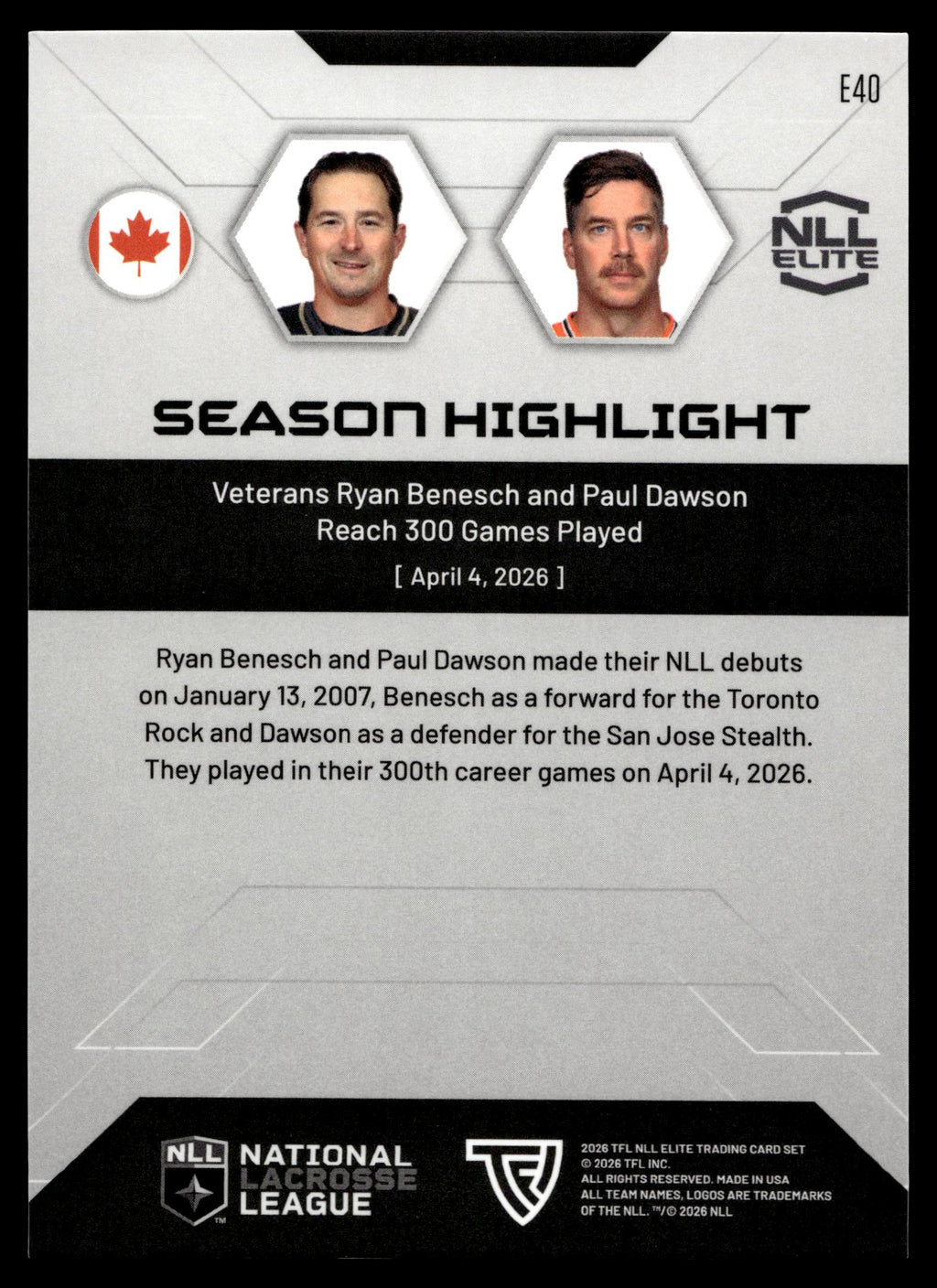 Benesch & Dawson 2026 TFLNLL Elite Oshawa & Buffalo Base Card #E40