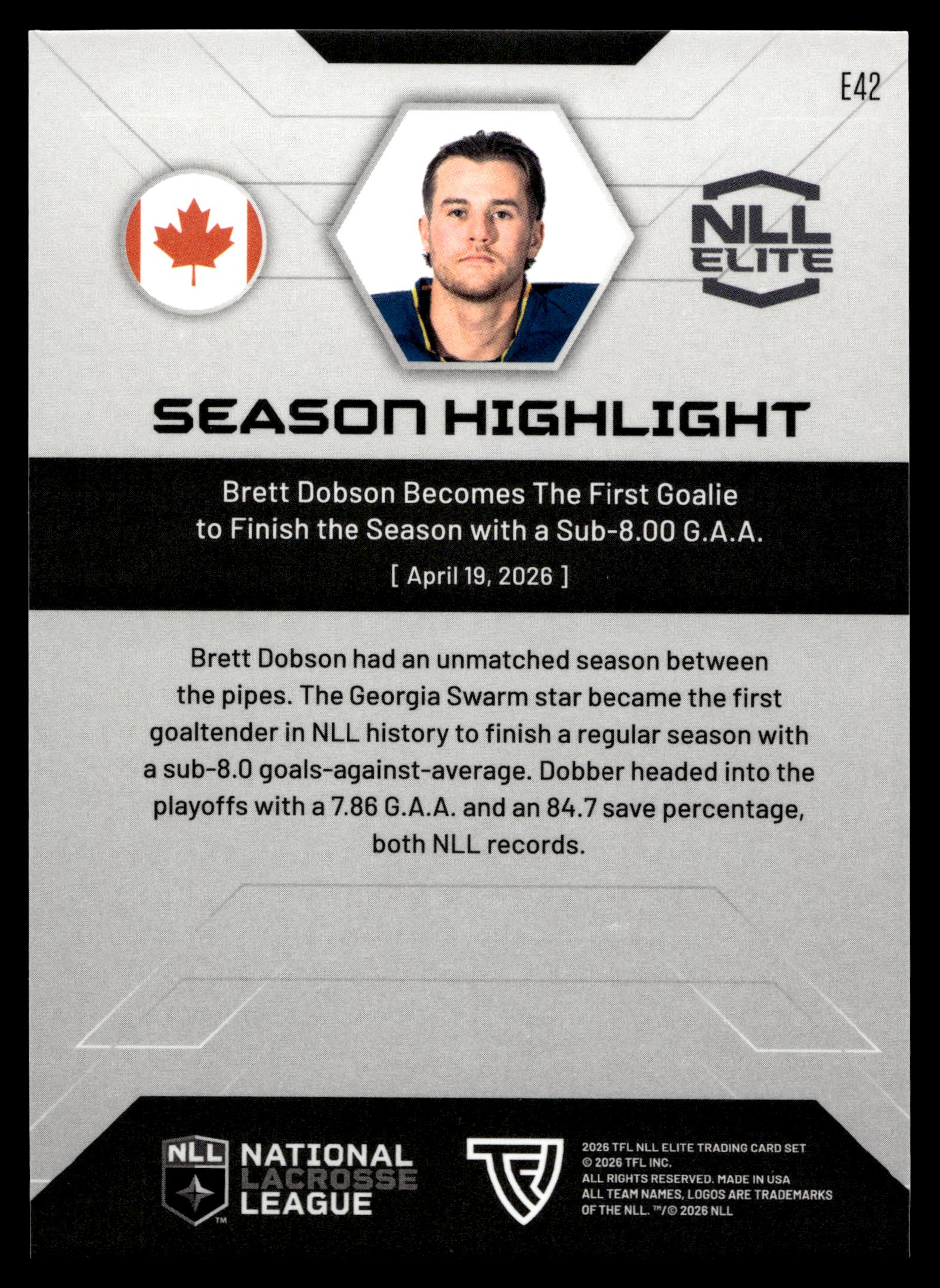 Brett Dobson 2026 TFLNLL Elite Georgia Swarm Base Card #E42