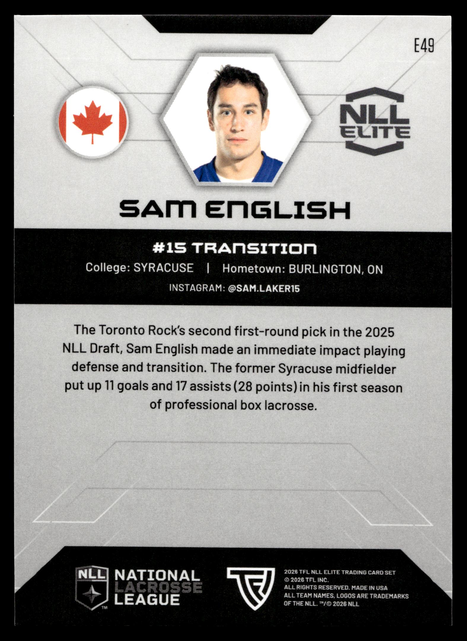 Sam English 2026 TFLNLL Elite Toronto Rock Base Card #E49