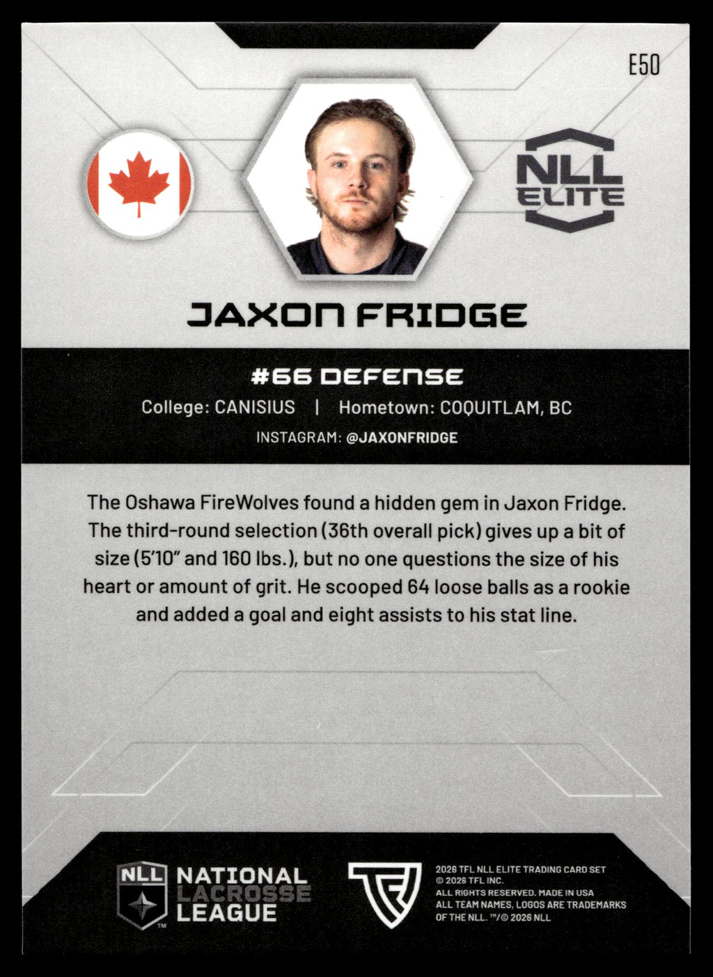 Jaxon Fridge 2026 TFLNLL Elite Oshawa Firewolves Base Card #E50