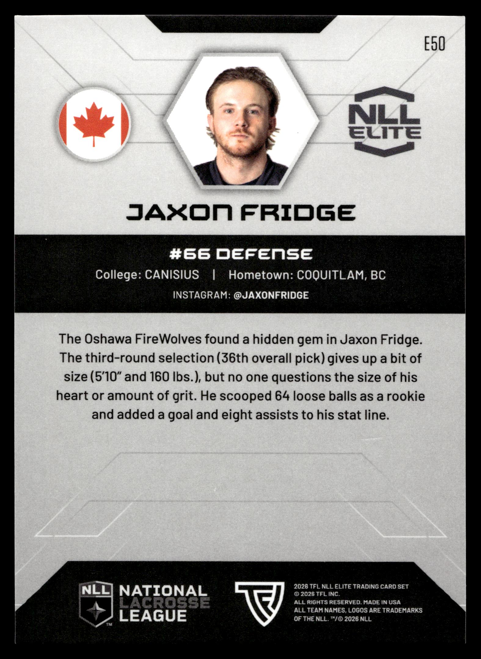 Jaxon Fridge 2026 TFLNLL Elite Oshawa Firewolves Base Card #E50