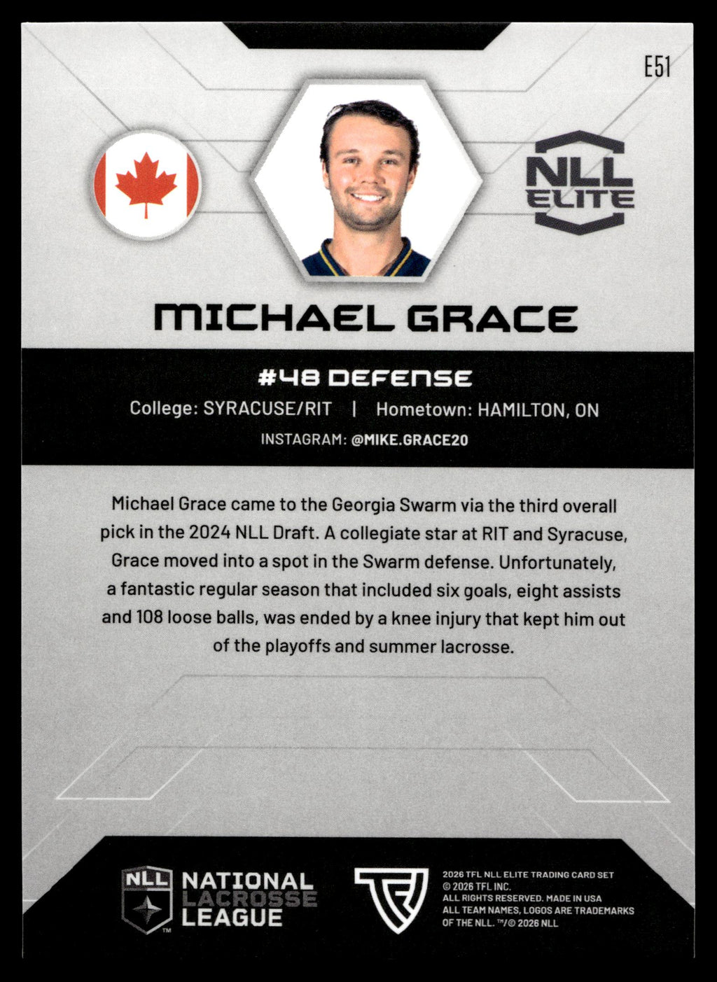 Michael Grace 2026 TFLNLL Elite Georgia Swarm Base Card #E51