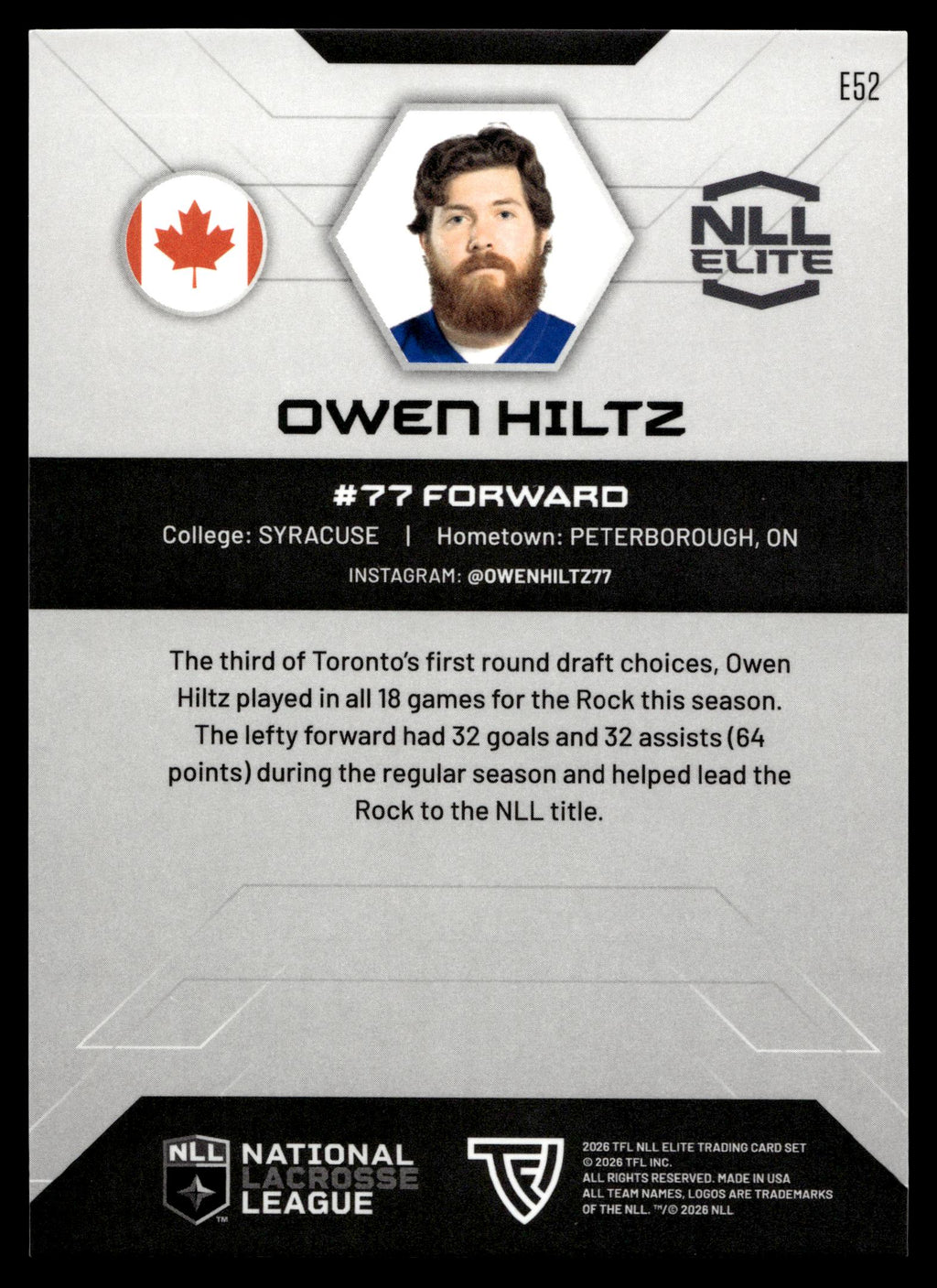 Owen Hiltz 2026 TFLNLL Elite Toronto Rock Base Card #E52
