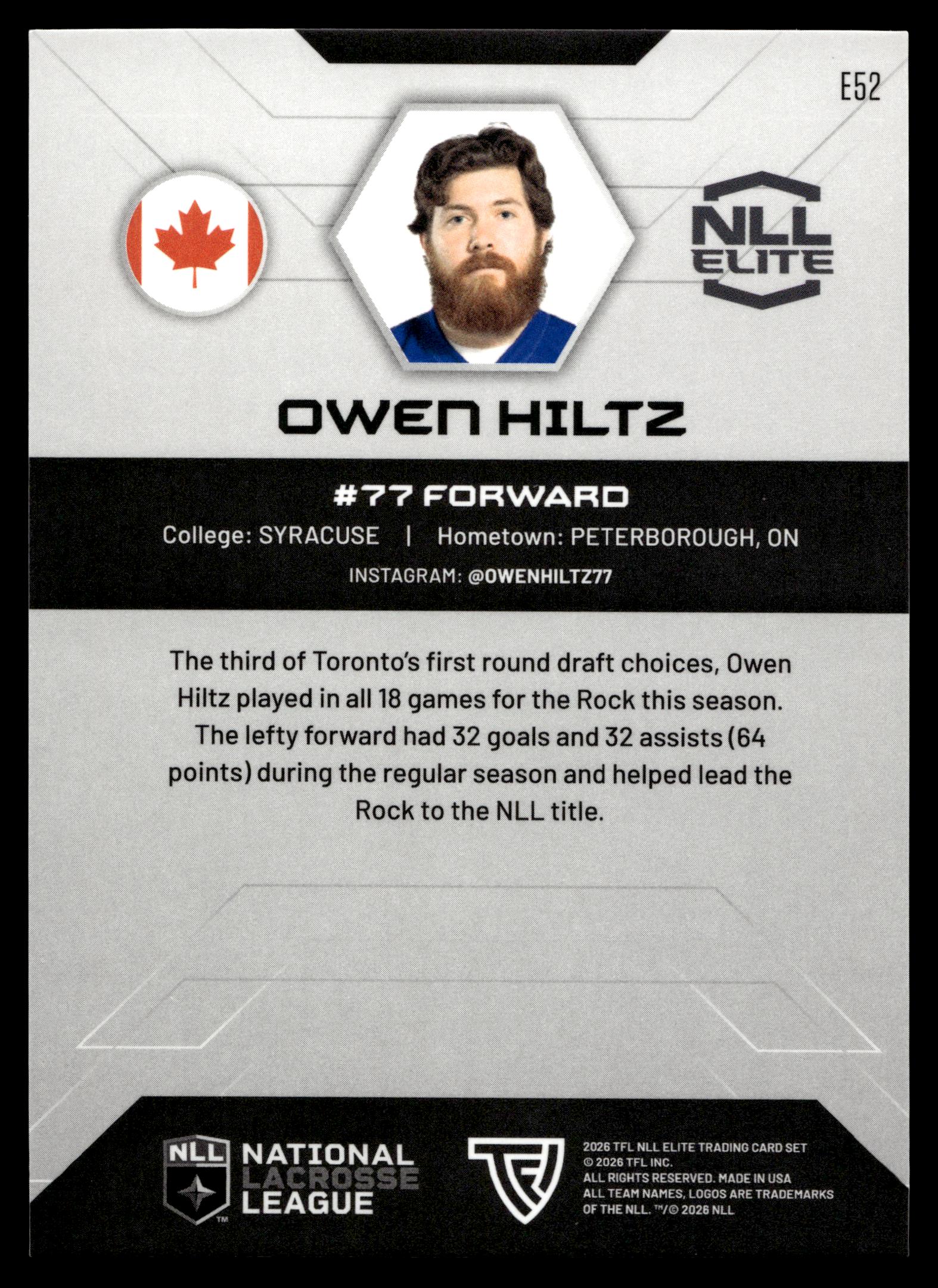 Owen Hiltz 2026 TFLNLL Elite Toronto Rock Base Card #E52