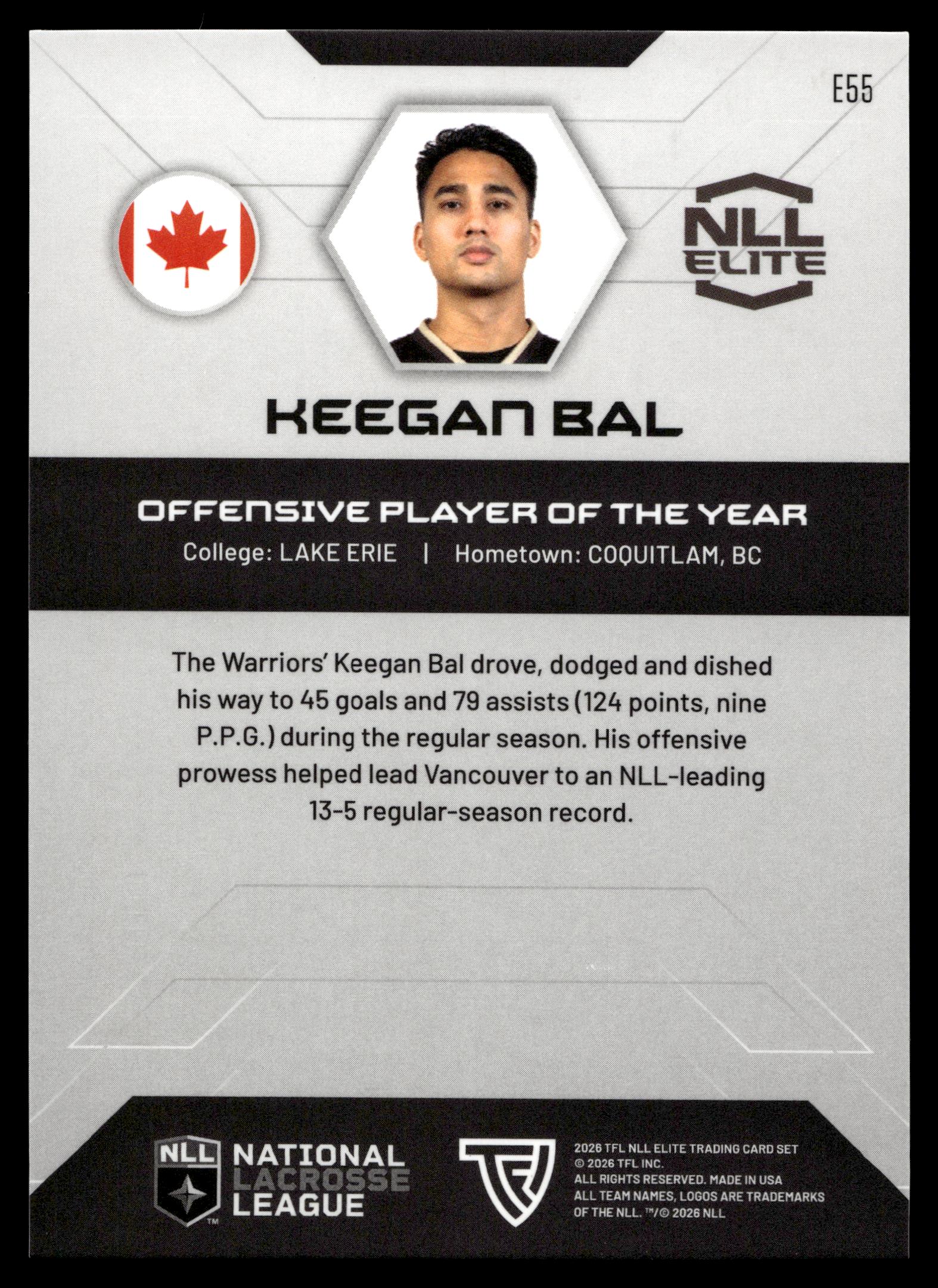 Keegan Bal 2026 TFLNLL Elite Vancouver Warriors Base Card #E55