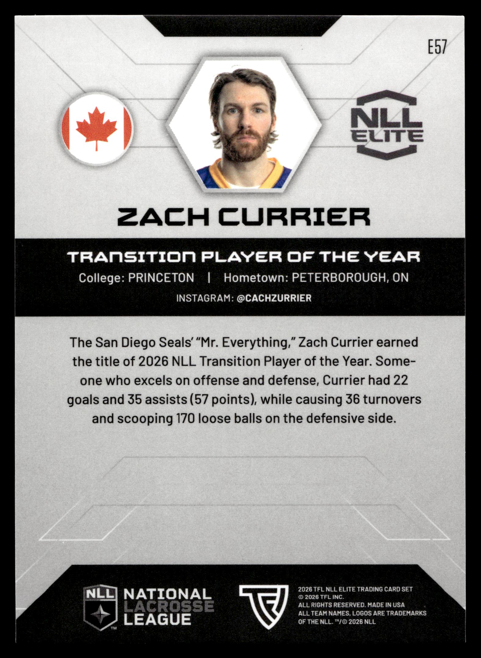 Zach Currier 2026 TFLNLL Elite San Diego Seals Base Card #E57