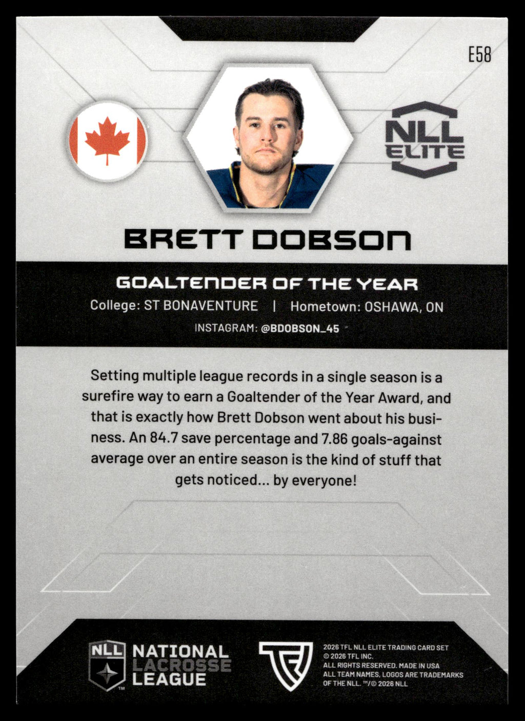 Brett Dobson 2026 TFLNLL Elite Georgia Swarm Base Card #E58