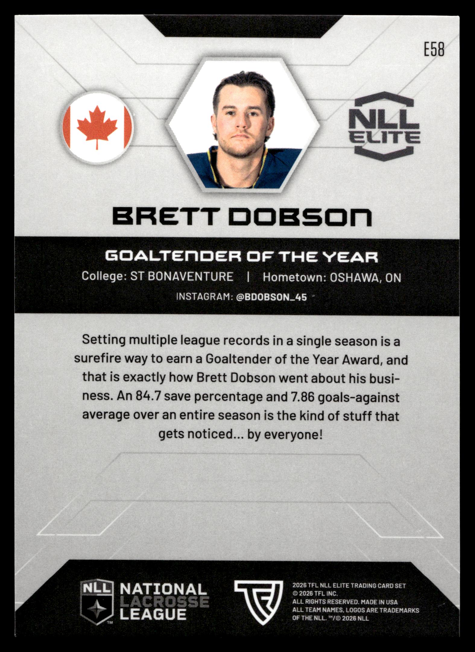Brett Dobson 2026 TFLNLL Elite Georgia Swarm Base Card #E58
