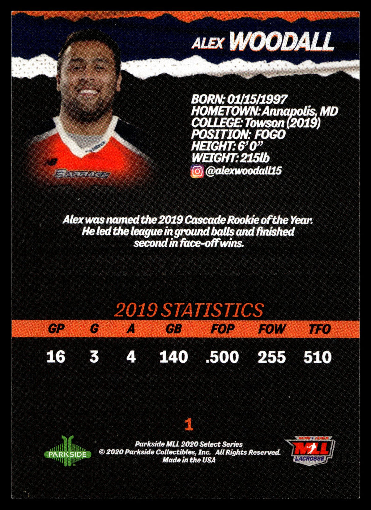 Alex Woodall 2020 Parkside Select Series Atlanta Base Card #1
