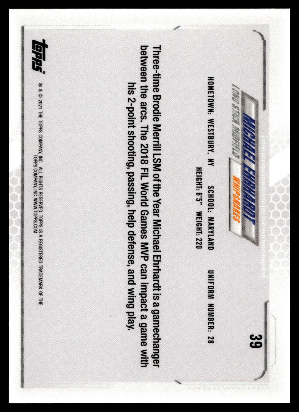 Michael Ehrhardt 2021 Topps PLL First Edition Whipsnakes #39