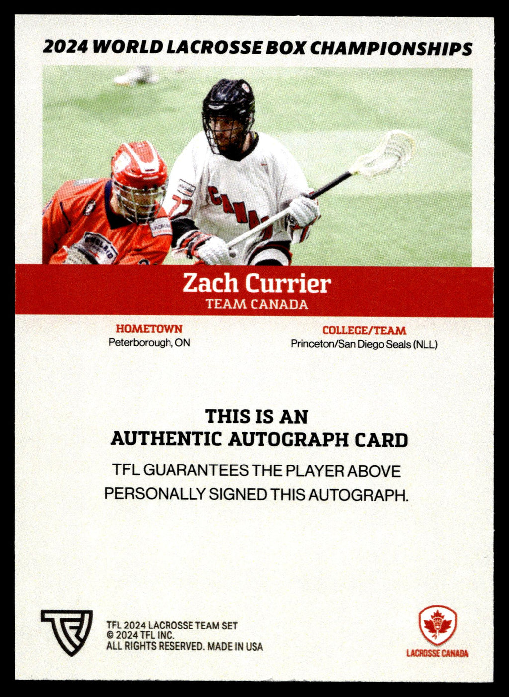 Zach Currier 2024 TFL WBLC Team Canada Base Auto