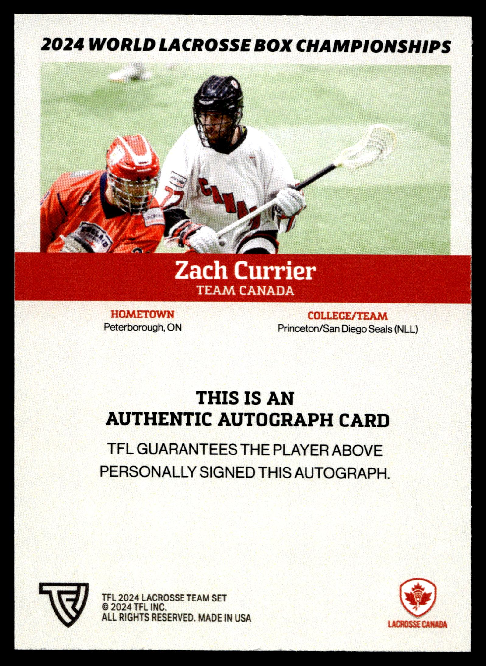 Zach Currier 2024 TFL WBLC Team Canada Base Auto