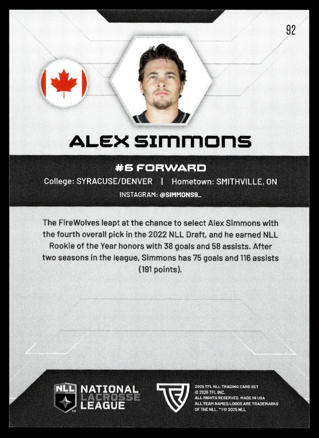 Alex Simmons 2025 TFL Sports NLL Albany Firewolves Home Floor 32/75 #92