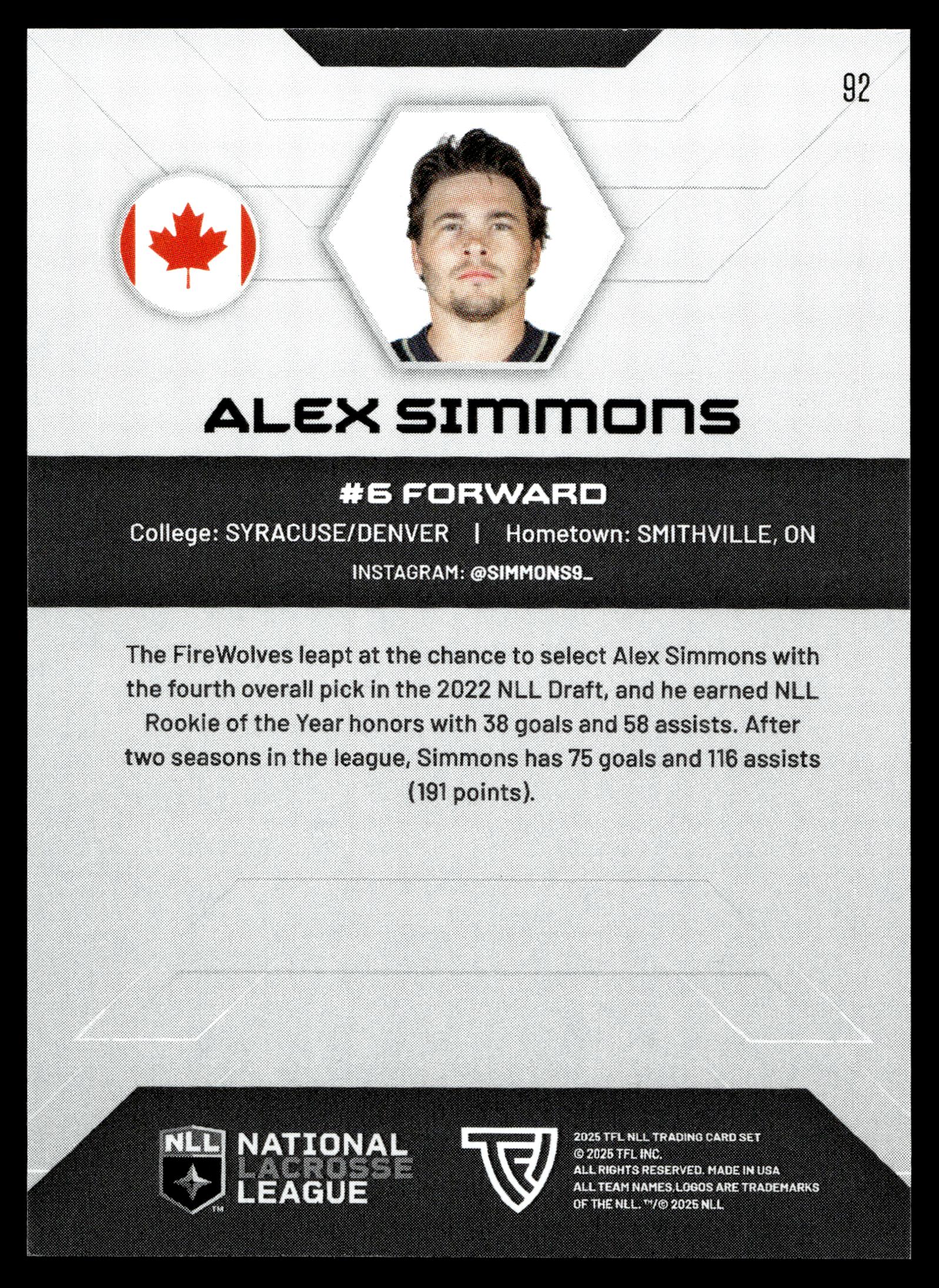 Alex Simmons 2025 TFL Sports NLL Albany Firewolves Home Floor 32/75 #92