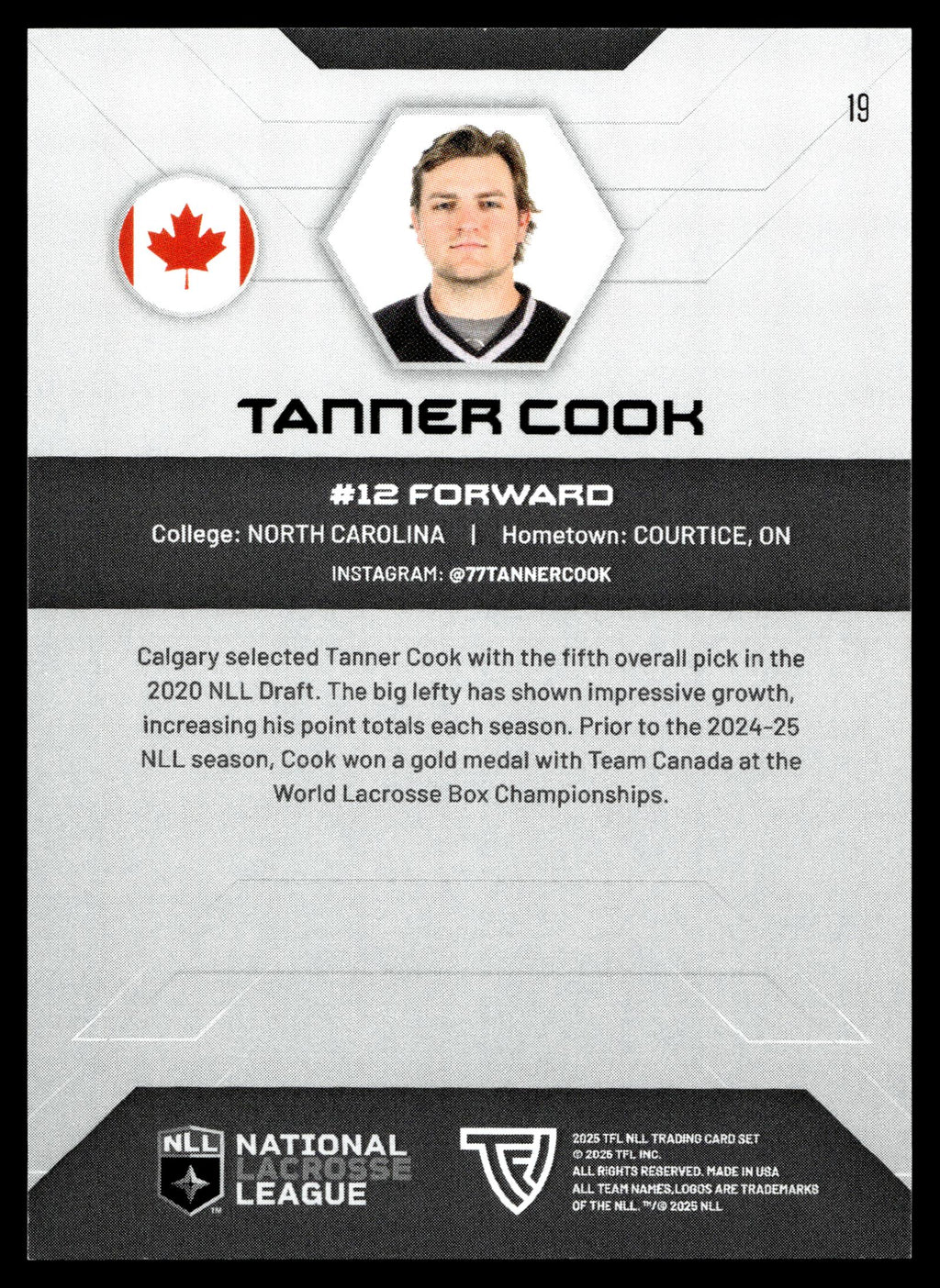 Tanner Cook 2025 TFL Sports NLL Calgary Roughnecks Color Match #19
