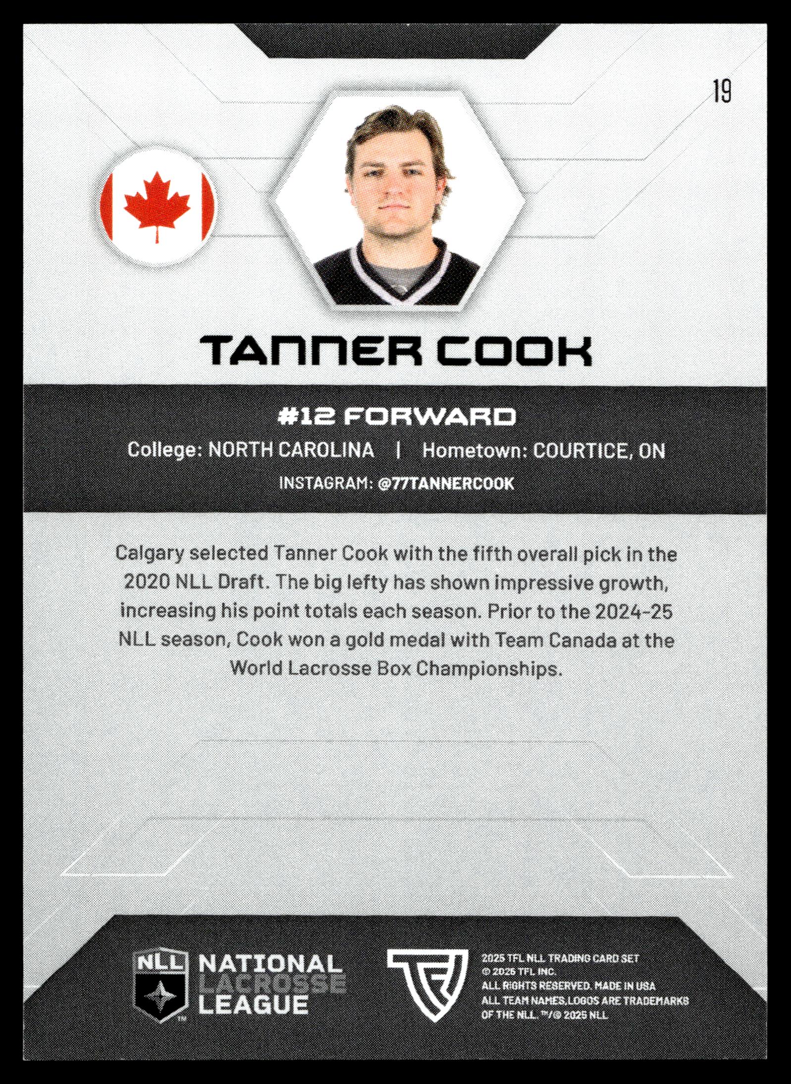 Tanner Cook 2025 TFL Sports NLL Calgary Roughnecks Color Match #19