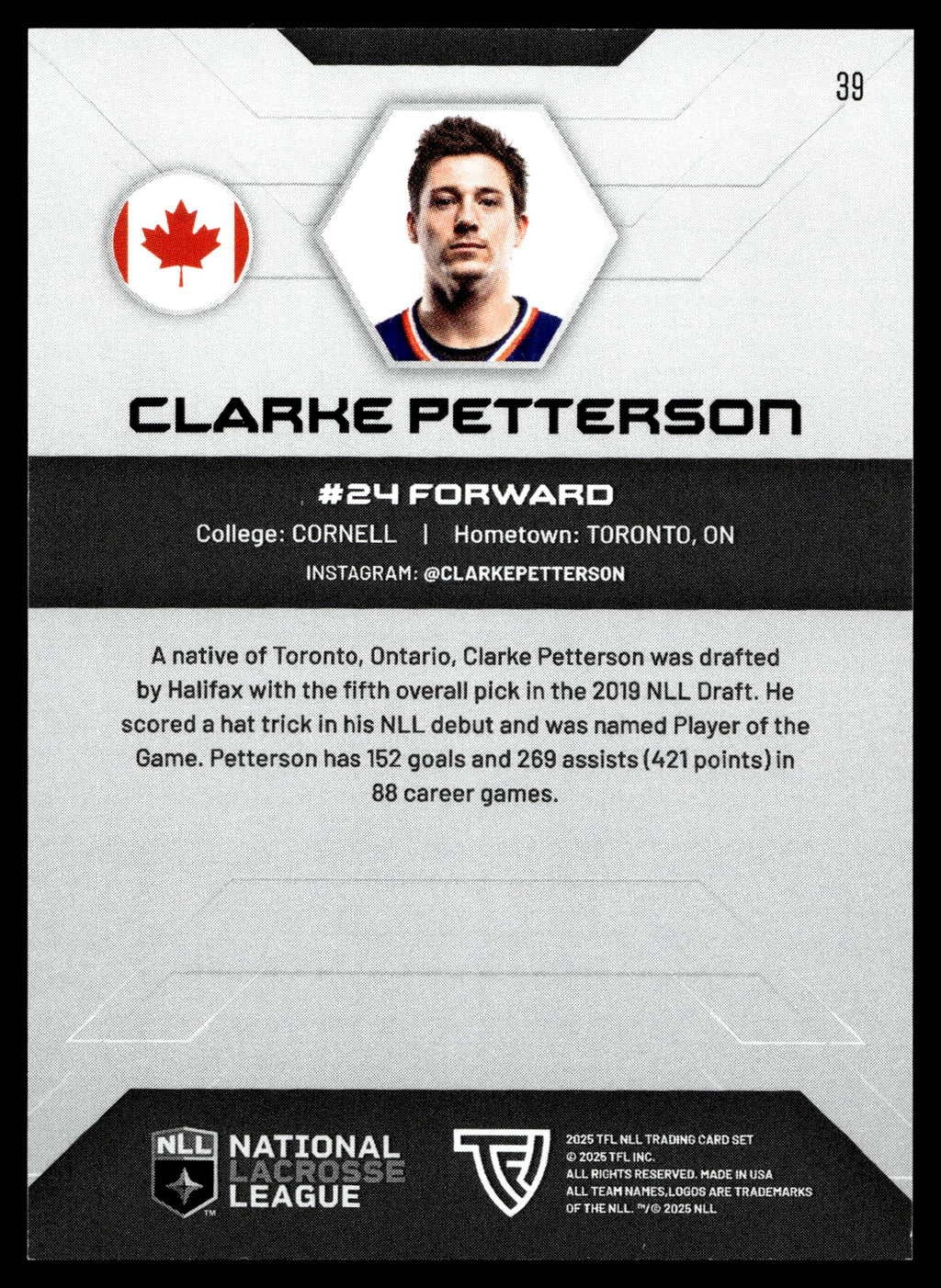Clarke Petterson 2025 TFL Sports NLL Halifax Thunderbirds Color Match #39