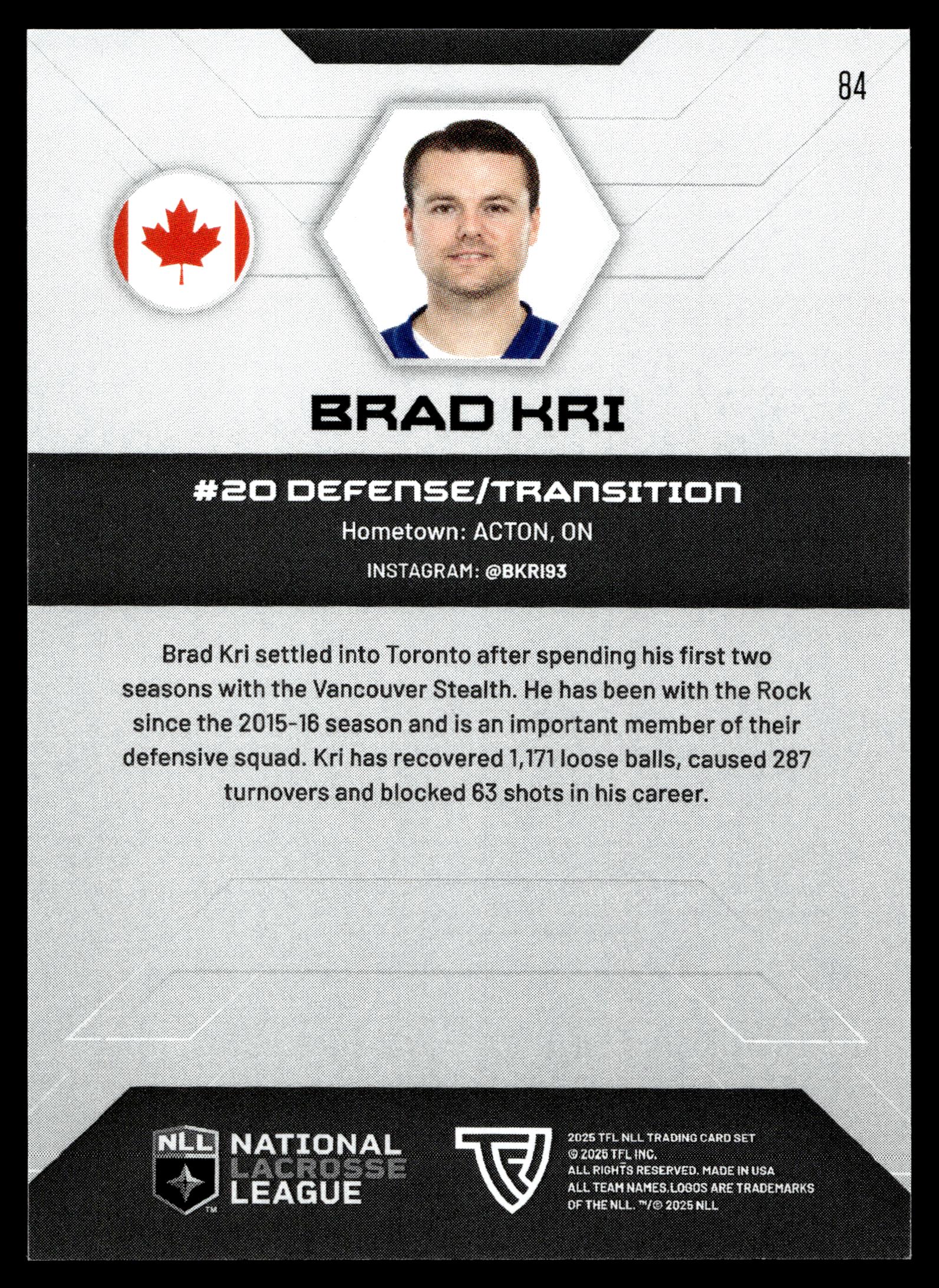 Brad Kri 2025 TFL Sports NLL Toronto Rock Color Match #84