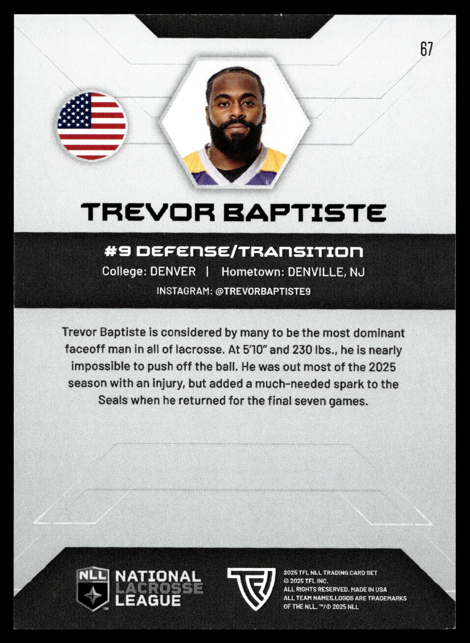 Trevor Baptiste 2025 TFL Sports NLL San Diego Seals Color Match #67