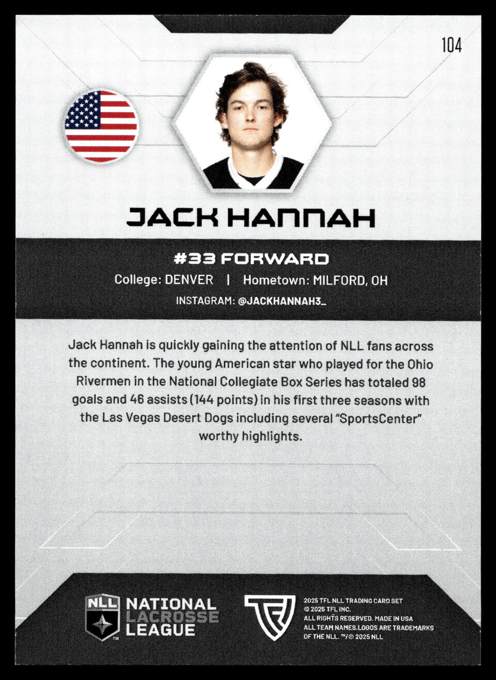 Jack Hannah 2025 TFL Sports NLL Las Vegas Desert Dogs Color Match #104