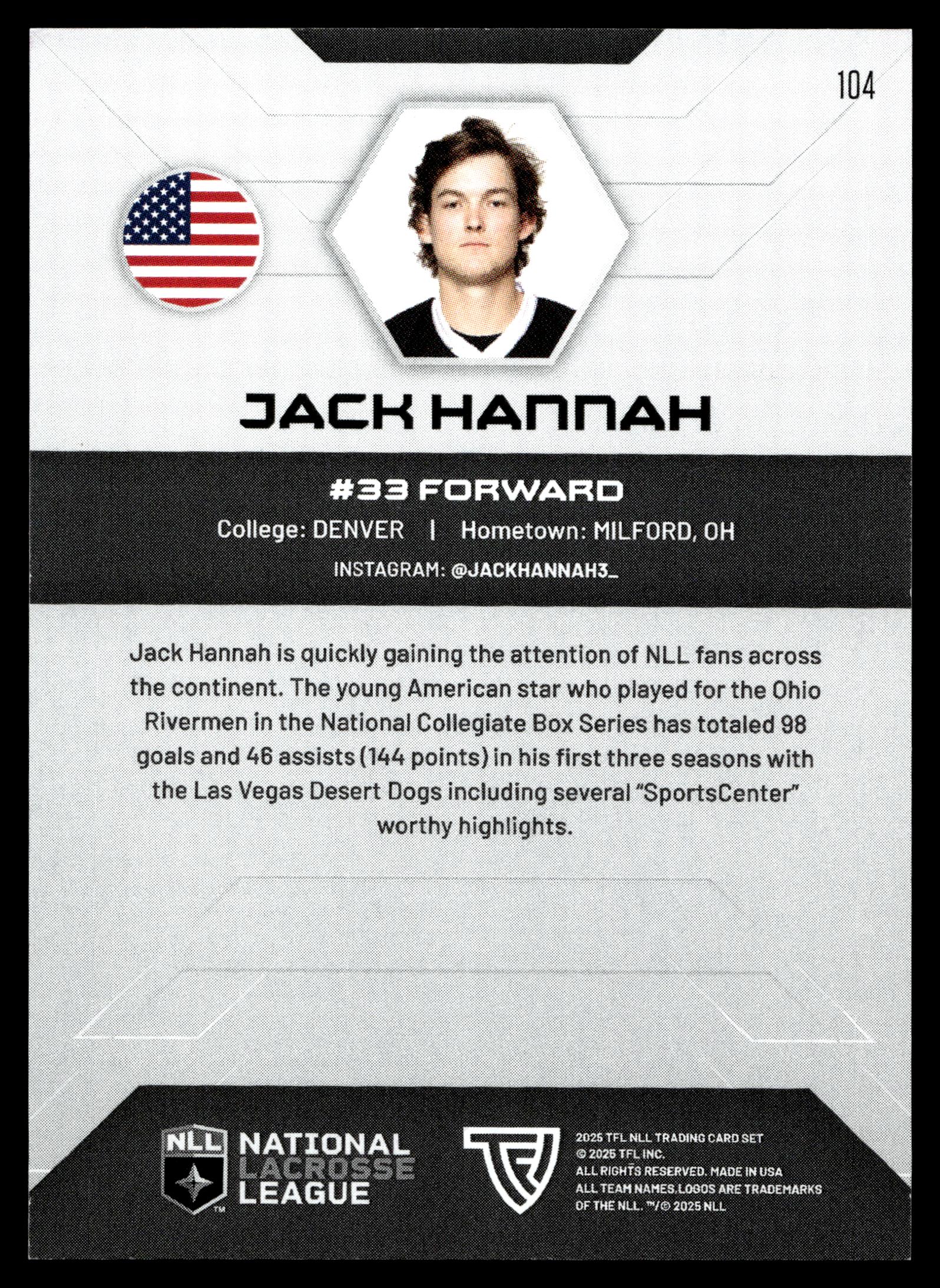 Jack Hannah 2025 TFL Sports NLL Las Vegas Desert Dogs Color Match #104